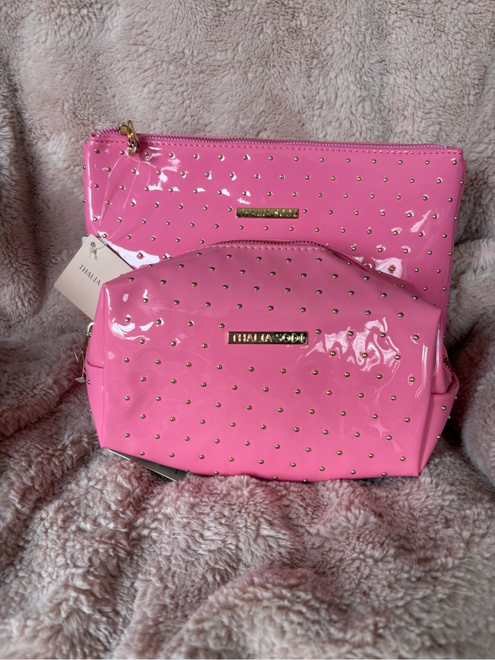 Thalia Sodi Hot Pink Patent Studded Cosmetic Bag Duo